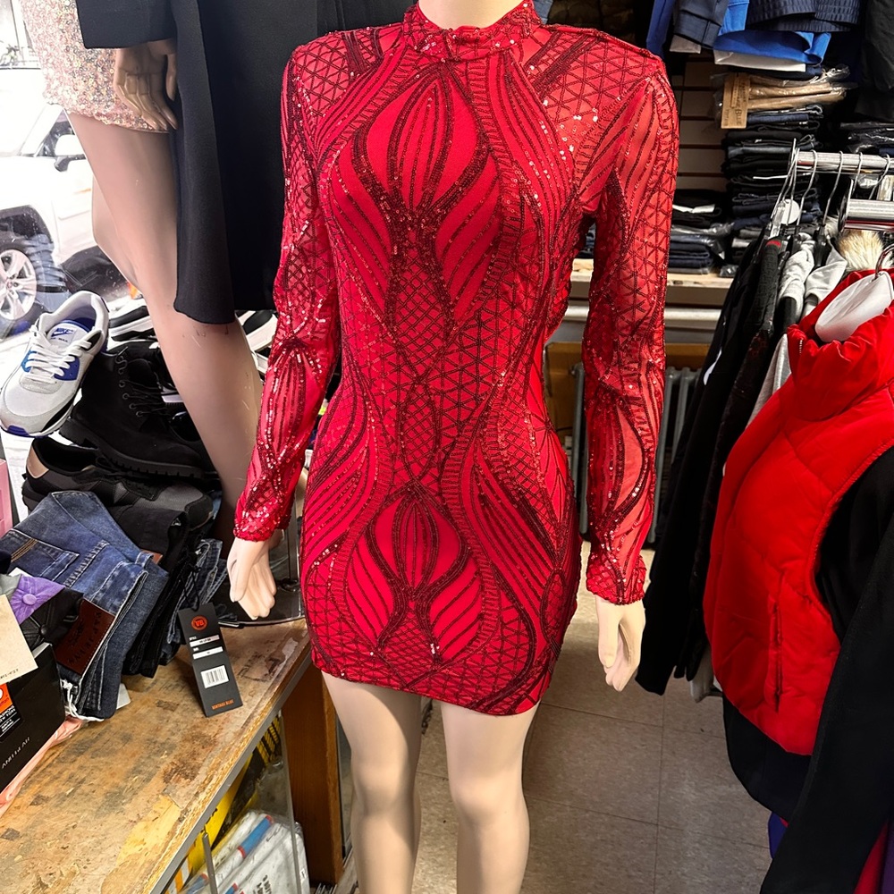 Privy Red Long Sleeve Bodycon Dress with Mandarin Collar